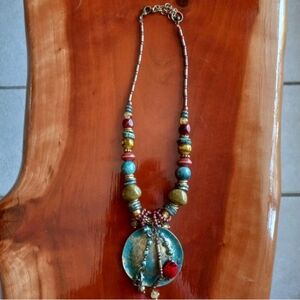 Gold Turquoise Toned Metal Tassled Pendant Statement Necklace